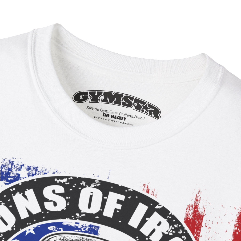 A white Gymstar tee with a red, blue and black graphic that reads 'Sons Of Iron', skull-kettlebell, barbell and logo, presumably bodybulding or fitness. Logo Close up view.