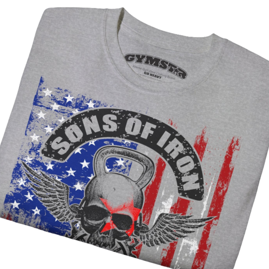 A silver grey Gymstar tee with a red, blue and black graphic that reads 'Sons Of Iron', skull-kettlebell, barbell and logo, presumably bodybulding or fitness.  Close up view.