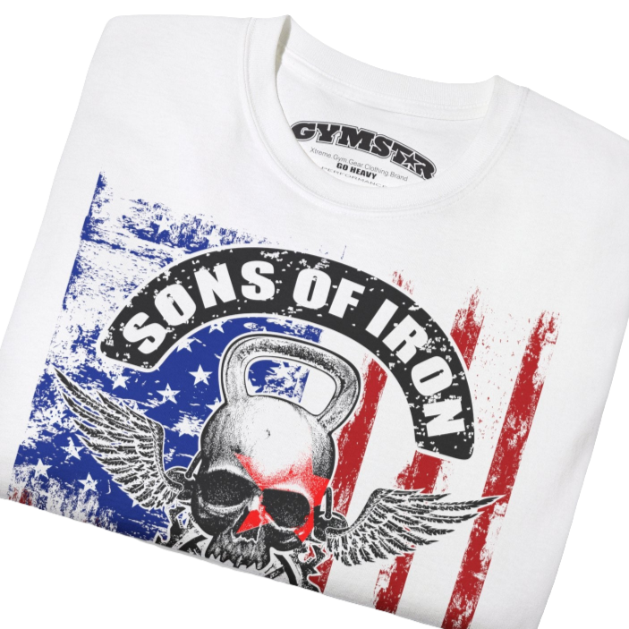 A white Gymstar tee with a red, blue and black graphic that reads 'Sons Of Iron', skull-kettlebell, barbell and logo, presumably bodybulding or fitness. Close up view.
