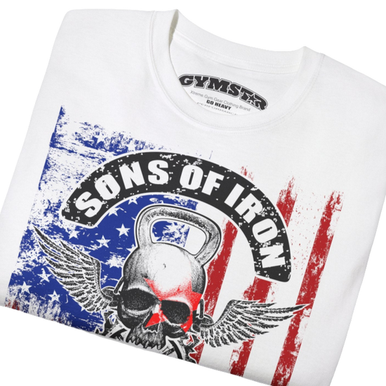 A white Gymstar tee with a red, blue and black graphic that reads 'Sons Of Iron', skull-kettlebell, barbell and logo, presumably bodybulding or fitness. Close up view.
