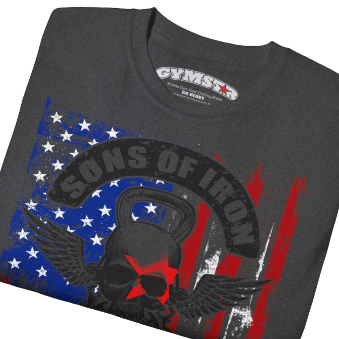 A grey Gymstar tee with a red, blue and black graphic that reads 'Sons Of Iron', skull-kettlebell, barbell and logo, presumably bodybulding or fitness.  Close up view.