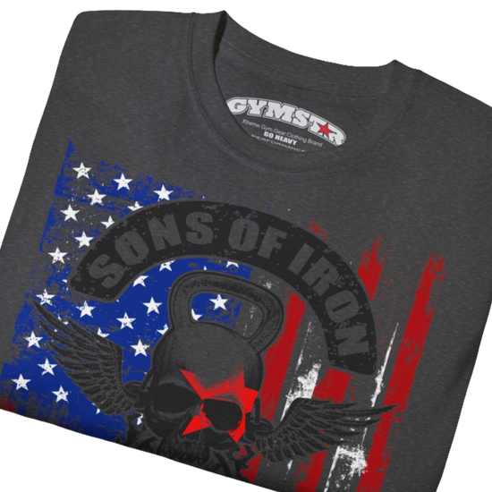 A grey Gymstar tee with a red, blue and black graphic that reads 'Sons Of Iron', skull-kettlebell, barbell and logo, presumably bodybulding or fitness.  Close up view.