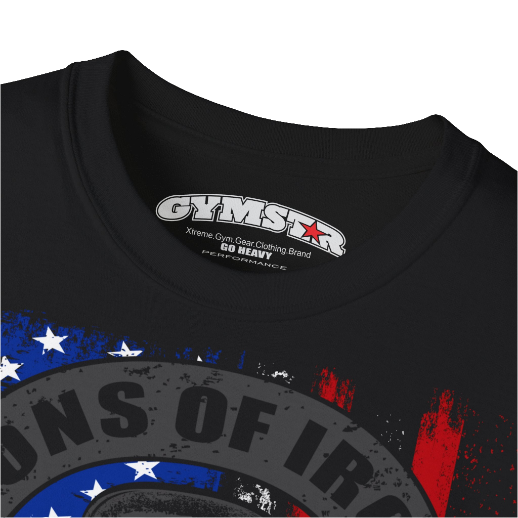 A black Gymstar tee with a red, blue and black graphic that reads 'Sons Of Iron', skull-kettlebell, barbell and logo, presumably bodybulding or fitness. Logo Close up view.