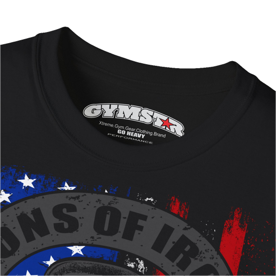 A black Gymstar tee with a red, blue and black graphic that reads 'Sons Of Iron', skull-kettlebell, barbell and logo, presumably bodybulding or fitness. Logo Close up view.