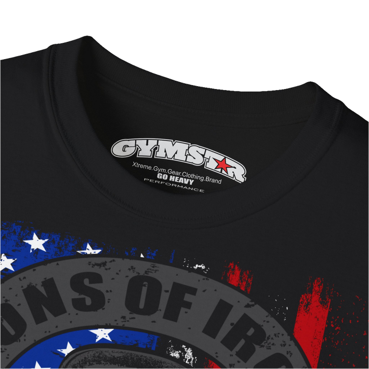 A black Gymstar tee with a red, blue and black graphic that reads 'Sons Of Iron', skull-kettlebell, barbell and logo, presumably bodybulding or fitness. Logo Close up view.