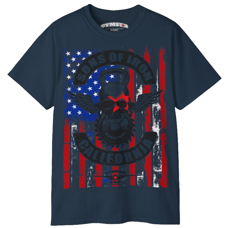 A deep navy Gymstar tee with a red, blue and black graphic that reads 'Sons Of Iron', skull-kettlebell, barbell and logo, presumably bodybulding or fitness. 