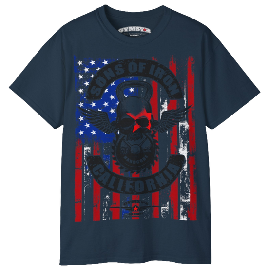 A deep navy Gymstar tee with a red, blue and black graphic that reads 'Sons Of Iron', skull-kettlebell, barbell and logo, presumably bodybulding or fitness. 