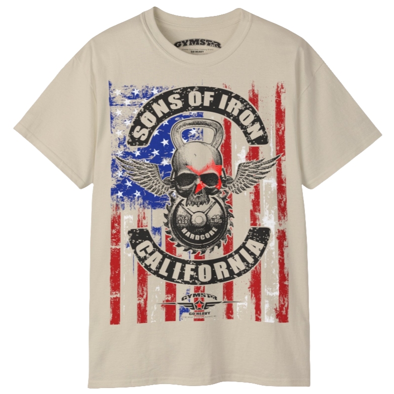 A beige Gymstar tee with a red, blue and black graphic that reads 'Sons Of Iron', skull-kettlebell, barbell and logo, presumably bodybulding or fitness. 