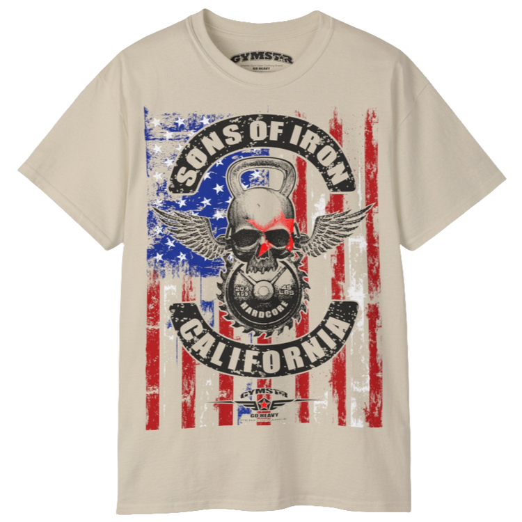 A beige Gymstar tee with a red, blue and black graphic that reads 'Sons Of Iron', skull-kettlebell, barbell and logo, presumably bodybulding or fitness. 