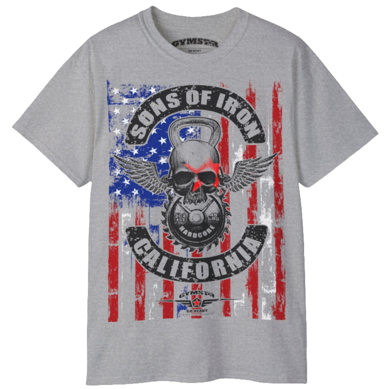 A silver grey Gymstar tee with a red, blue and black graphic that reads 'Sons Of Iron', skull-kettlebell, barbell and logo, presumably bodybulding or fitness. 