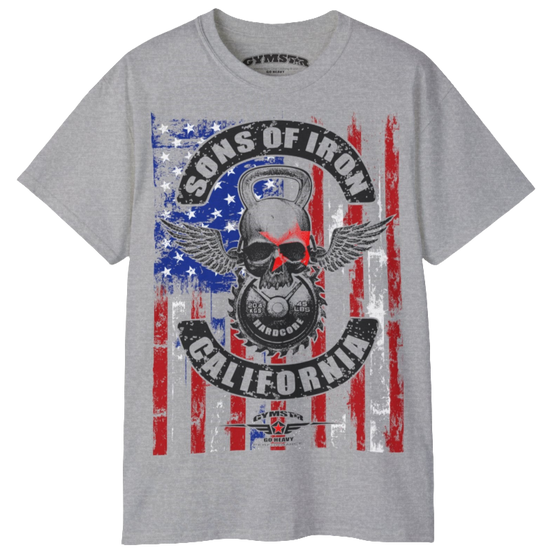 A silver grey Gymstar tee with a red, blue and black graphic that reads 'Sons Of Iron', skull-kettlebell, barbell and logo, presumably bodybulding or fitness. 