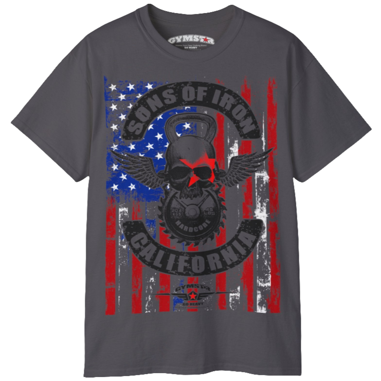 A sport grey Gymstar tee with a red, blue and black graphic that reads 'Sons Of Iron', skull-kettlebell, barbell and logo, presumably bodybulding or fitness. 