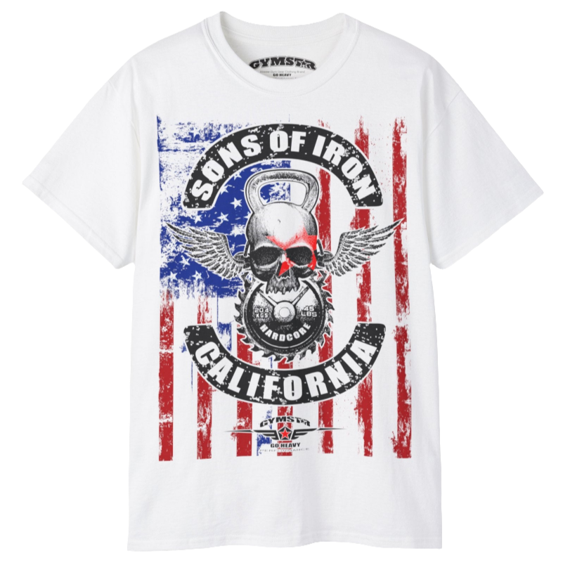 A white Gymstar tee with a red, blue and black graphic that reads 'Sons Of Iron', skull-kettlebell, barbell and logo, presumably bodybulding or fitness. 