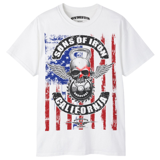 A white Gymstar tee with a red, blue and black graphic that reads 'Sons Of Iron', skull-kettlebell, barbell and logo, presumably bodybulding or fitness. 