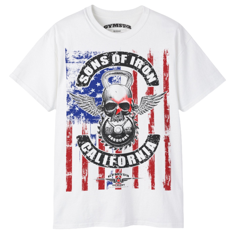 A white Gymstar tee with a red, blue and black graphic that reads 'Sons Of Iron', skull-kettlebell, barbell and logo, presumably bodybulding or fitness. 