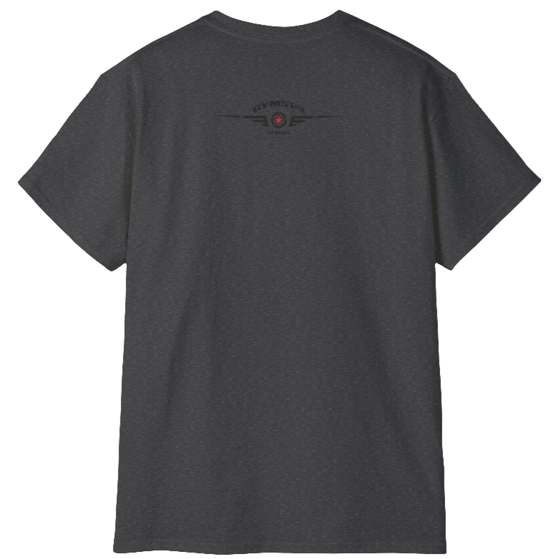 A grey Gymstar tee with a red, blue and black graphic that reads 'Sons Of Iron', skull-kettlebell, barbell and logo, presumably bodybulding or fitness. Rear view.