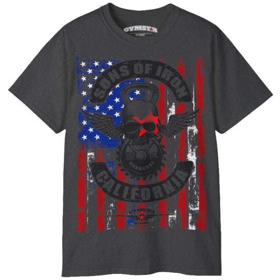 A grey Gymstar tee with a red, blue and black graphic that reads 'Sons Of Iron', skull-kettlebell, barbell and logo, presumably bodybulding or fitness. 