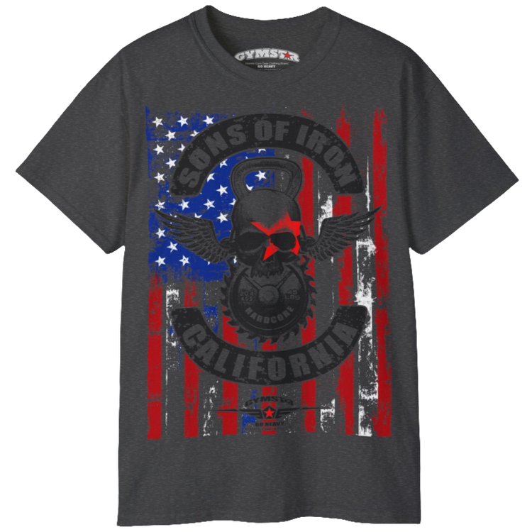 A grey Gymstar tee with a red, blue and black graphic that reads 'Sons Of Iron', skull-kettlebell, barbell and logo, presumably bodybulding or fitness. 