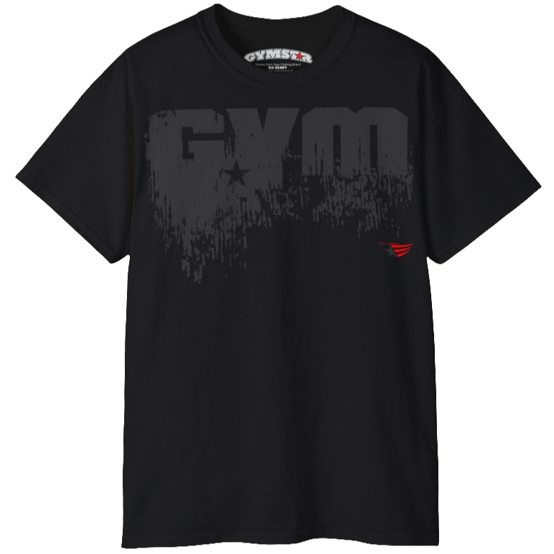 Black men's t-shirt from Gymstar with a minimalist yet powerful design. The chest features a large, distressed print of the word "GYM" in grey. The design is complemented by a small brand logo with a red star, which adds a stylish accent. The t-shirt is perfect for athletic wear, creating a modern and clean look.