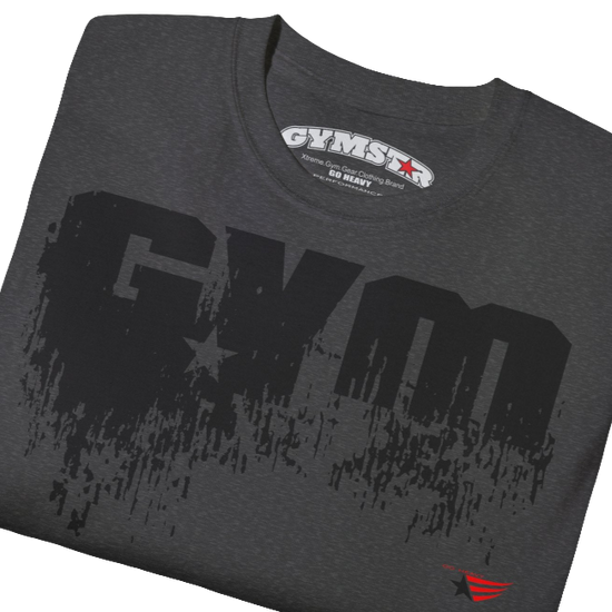 A grey sports t-shirt from Gymstar with a minimalist yet powerful design. The chest features a large, distressed print of the word "GYM" in grey. The design is complemented by a small brand logo with a red star, which adds a stylish accent. The t-shirt is perfect for athletic wear, creating a modern and clean look. Close up view.