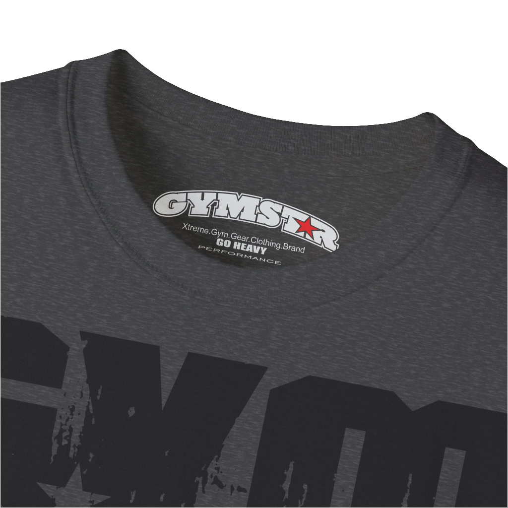 A grey sports t-shirt from Gymstar with a minimalist yet powerful design. The chest features a large, distressed print of the word "GYM" in grey. The design is complemented by a small brand logo with a red star, which adds a stylish accent. The t-shirt is perfect for athletic wear, creating a modern and clean look. Logo Close up view.