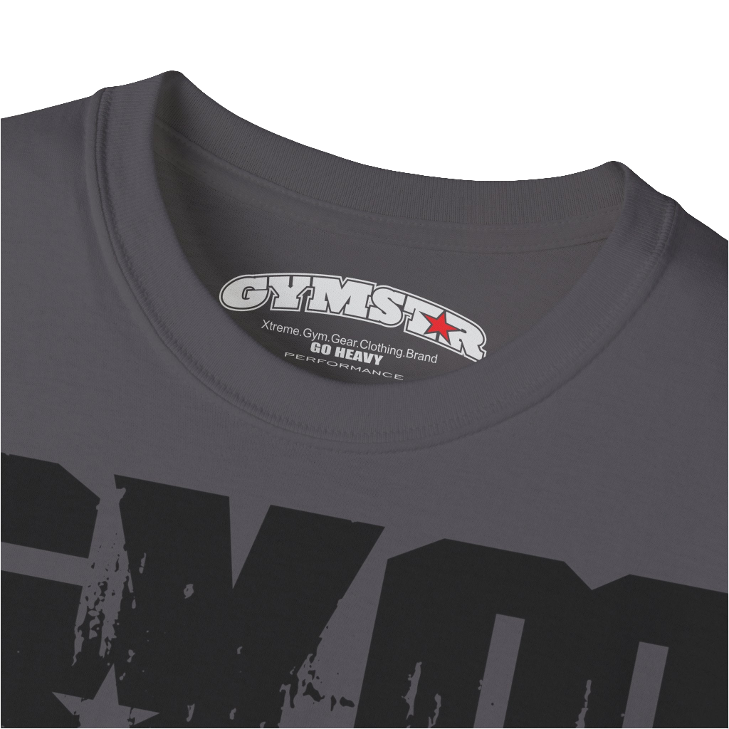 A sports grey sports t-shirt from Gymstar with a minimalist yet powerful design. The chest features a large, distressed print of the word "GYM" in grey. The design is complemented by a small brand logo with a red star, which adds a stylish accent. The t-shirt is perfect for athletic wear, creating a modern and clean look. Logo Close up view.
