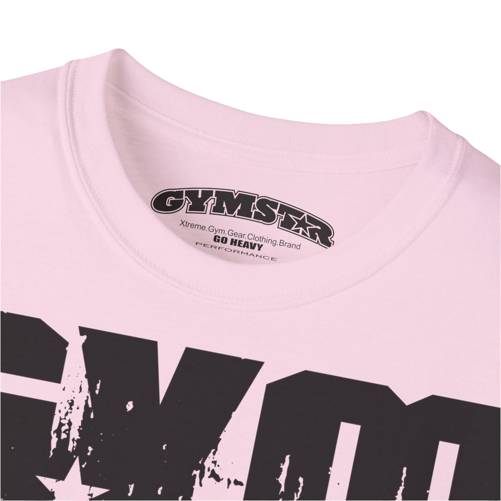 A pink sports t-shirt from Gymstar with a minimalist yet powerful design. The chest features a large, distressed print of the word "GYM" in grey. The design is complemented by a small brand logo with a red star, which adds a stylish accent. The t-shirt is perfect for athletic wear, creating a modern and clean look. Logo Close up view.