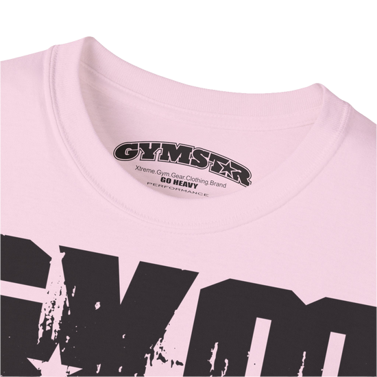 A pink sports t-shirt from Gymstar with a minimalist yet powerful design. The chest features a large, distressed print of the word "GYM" in grey. The design is complemented by a small brand logo with a red star, which adds a stylish accent. The t-shirt is perfect for athletic wear, creating a modern and clean look. Logo Close up view.