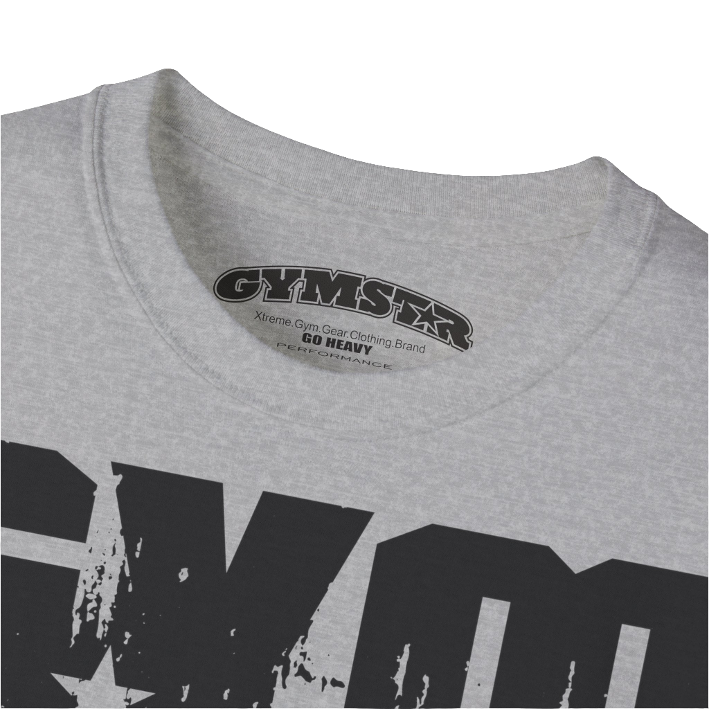 A silver grey sports t-shirt from Gymstar with a minimalist yet powerful design. The chest features a large, distressed print of the word "GYM" in grey. The design is complemented by a small brand logo with a red star, which adds a stylish accent. The t-shirt is perfect for athletic wear, creating a modern and clean look. Logo Close up view.