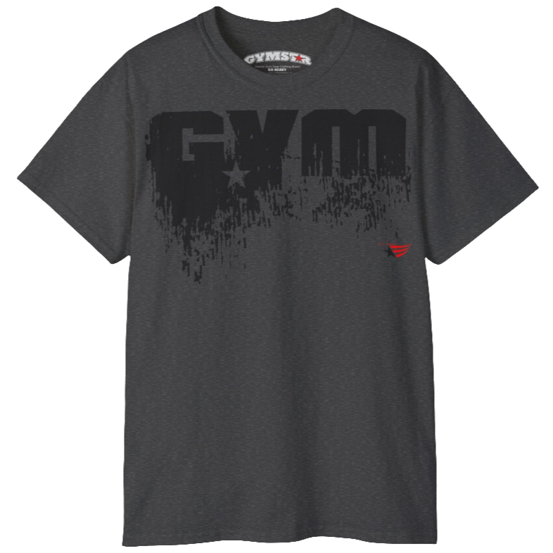 A grey sports t-shirt from Gymstar with a minimalist yet powerful design. The chest features a large, distressed print of the word "GYM" in grey. The design is complemented by a small brand logo with a red star, which adds a stylish accent. The t-shirt is perfect for athletic wear, creating a modern and clean look.