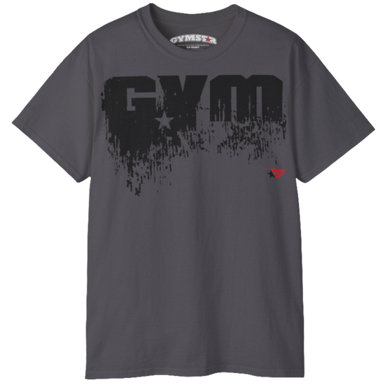 A sports grey sports t-shirt from Gymstar with a minimalist yet powerful design. The chest features a large, distressed print of the word "GYM" in grey. The design is complemented by a small brand logo with a red star, which adds a stylish accent. The t-shirt is perfect for athletic wear, creating a modern and clean look.