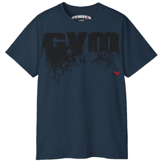  Deep navy sports t-shirt from Gymstar with a minimalist yet powerful design. The chest features a large, distressed print of the word "GYM" in grey. The design is complemented by a small brand logo with a red star, which adds a stylish accent. The t-shirt is perfect for athletic wear, creating a modern and clean look.