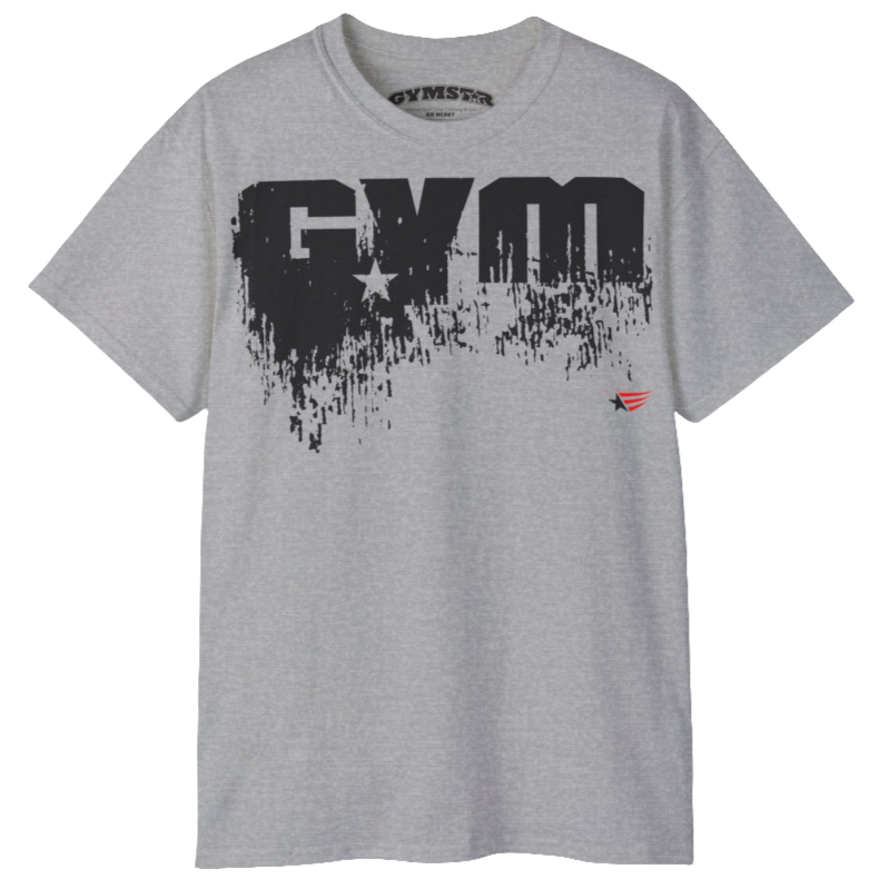 A silver grey sports t-shirt from Gymstar with a minimalist yet powerful design. The chest features a large, distressed print of the word "GYM" in grey. The design is complemented by a small brand logo with a red star, which adds a stylish accent. The t-shirt is perfect for athletic wear, creating a modern and clean look.