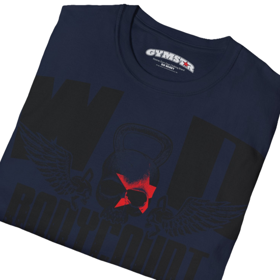Unisex deep blue Gymstar t-shirt, perfect for intense workouts. Made in dark grey with a massive chest print that combines elements like a skull in a kettlebell, spread wings, and a red star. The design is completed with motivational texts "WOD Bodycount", making it an ideal choice for any athlete. Close up view.