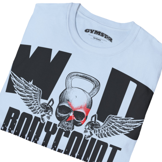 Unisex light blue Gymstar t-shirt, perfect for intense workouts. Made in dark grey with a massive chest print that combines elements like a skull in a kettlebell, spread wings, and a red star. The design is completed with motivational texts "WOD Bodycount", making it an ideal choice for any athlete. Close up view.