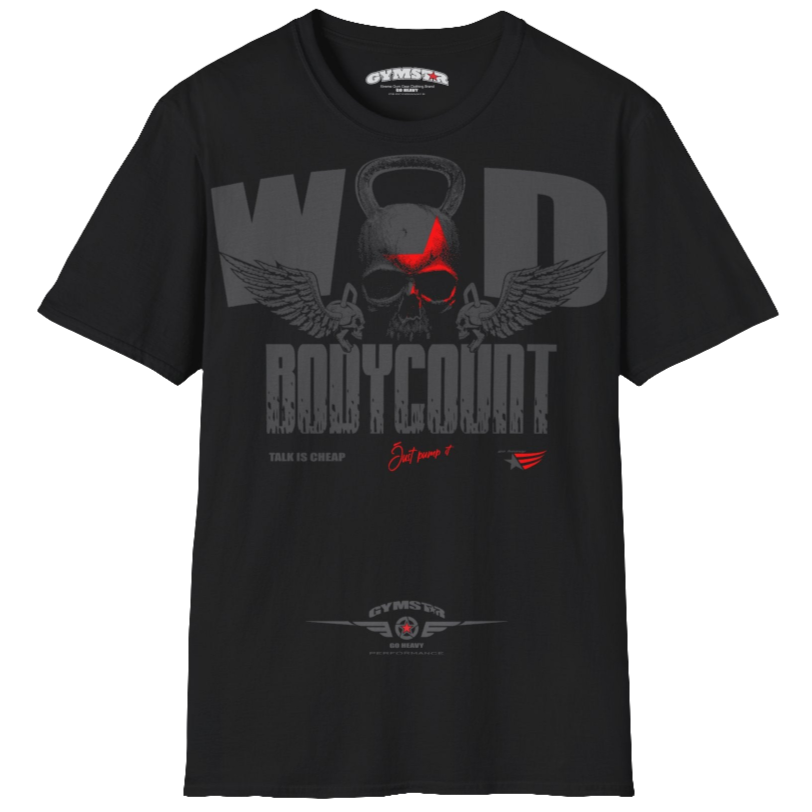 Unisex black Gymstar t-shirt, perfect for intense workouts. Made in dark grey with a massive chest print that combines elements like a skull in a kettlebell, spread wings, and a red star. The design is completed with motivational texts "WOD Bodycount", making it an ideal choice for any athlete.