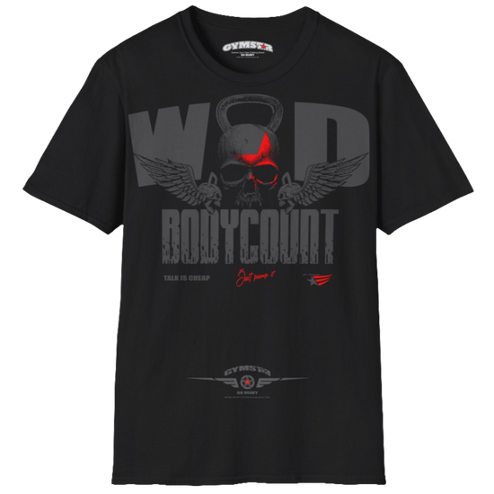 Unisex black Gymstar t-shirt, perfect for intense workouts. Made in dark grey with a massive chest print that combines elements like a skull in a kettlebell, spread wings, and a red star. The design is completed with motivational texts "WOD Bodycount", making it an ideal choice for any athlete.