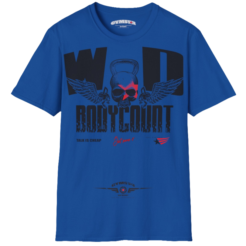 Unisex blue Gymstar t-shirt, perfect for intense workouts. Made in dark grey with a massive chest print that combines elements like a skull in a kettlebell, spread wings, and a red star. The design is completed with motivational texts "WOD Bodycount", making it an ideal choice for any athlete. 