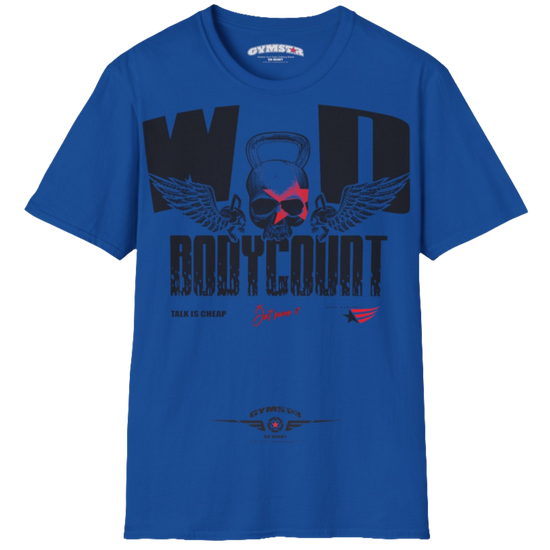 Unisex blue Gymstar t-shirt, perfect for intense workouts. Made in dark grey with a massive chest print that combines elements like a skull in a kettlebell, spread wings, and a red star. The design is completed with motivational texts "WOD Bodycount", making it an ideal choice for any athlete. 
