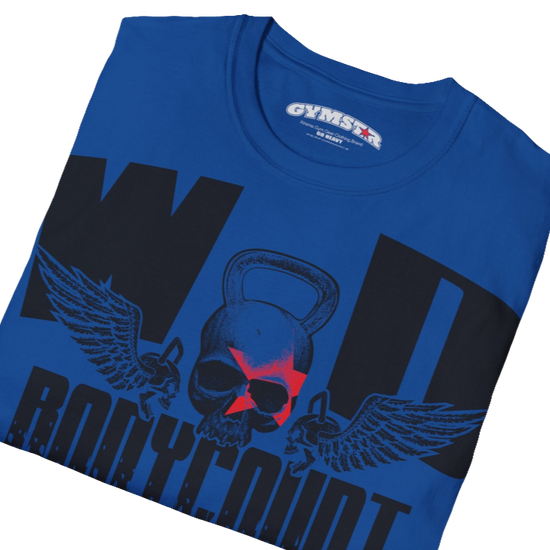 Unisex blue Gymstar t-shirt, perfect for intense workouts. Made in dark grey with a massive chest print that combines elements like a skull in a kettlebell, spread wings, and a red star. The design is completed with motivational texts "WOD Bodycount", making it an ideal choice for any athlete. Close up view.