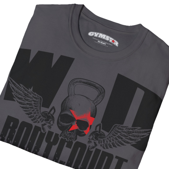 Unisex sport grey Gymstar t-shirt, perfect for intense workouts. Made in dark grey with a massive chest print that combines elements like a skull in a kettlebell, spread wings, and a red star. The design is completed with motivational texts "WOD Bodycount", making it an ideal choice for any athlete. Close up view.