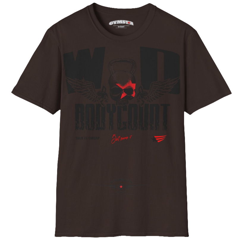 Unisex brown Gymstar t-shirt, perfect for intense workouts. Made in dark grey with a massive chest print that combines elements like a skull in a kettlebell, spread wings, and a red star. The design is completed with motivational texts "WOD Bodycount", making it an ideal choice for any athlete.