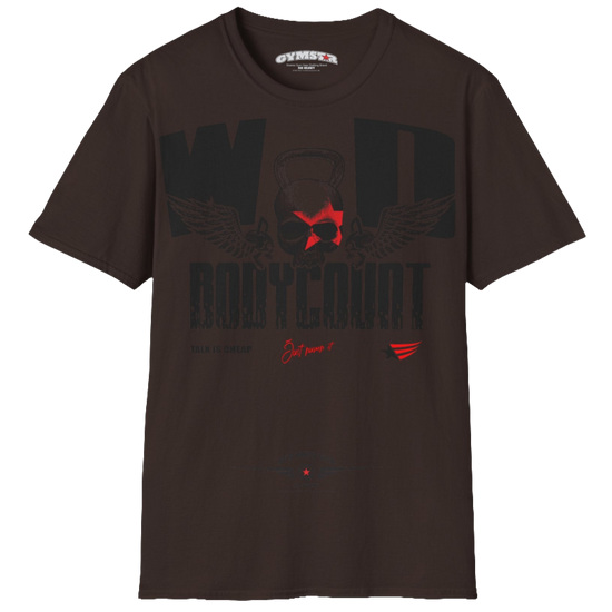 Unisex brown Gymstar t-shirt, perfect for intense workouts. Made in dark grey with a massive chest print that combines elements like a skull in a kettlebell, spread wings, and a red star. The design is completed with motivational texts "WOD Bodycount", making it an ideal choice for any athlete.