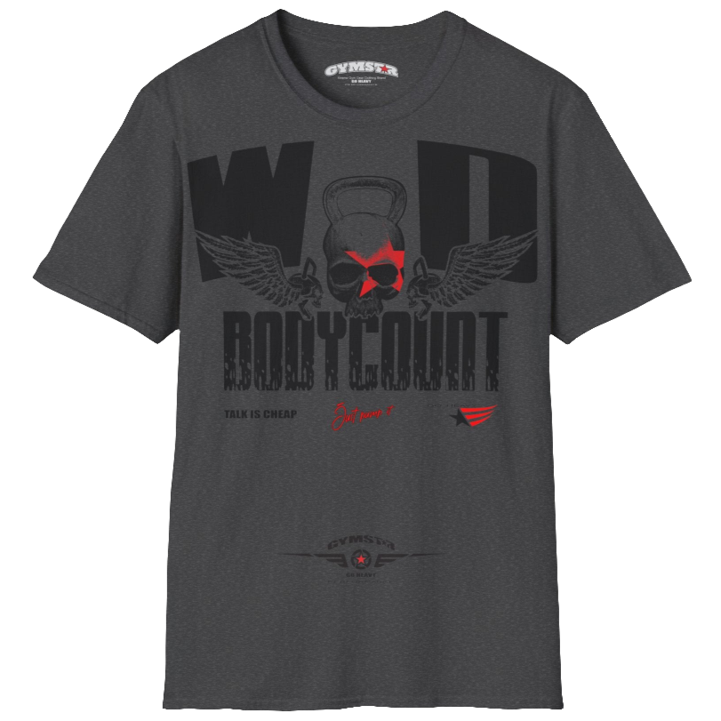 Unisex grey Gymstar t-shirt, perfect for intense workouts. Made in dark grey with a massive chest print that combines elements like a skull in a kettlebell, spread wings, and a red star. The design is completed with motivational texts "WOD Bodycount", making it an ideal choice for any athlete.