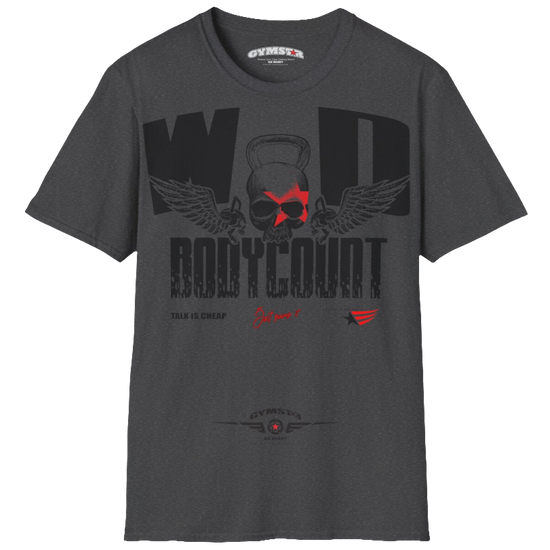 Unisex grey Gymstar t-shirt, perfect for intense workouts. Made in dark grey with a massive chest print that combines elements like a skull in a kettlebell, spread wings, and a red star. The design is completed with motivational texts "WOD Bodycount", making it an ideal choice for any athlete.