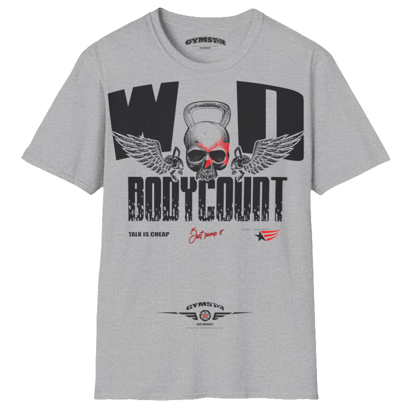 Unisex silver grey Gymstar t-shirt, perfect for intense workouts. Made in dark grey with a massive chest print that combines elements like a skull in a kettlebell, spread wings, and a red star. The design is completed with motivational texts "WOD Bodycount", making it an ideal choice for any athlete.