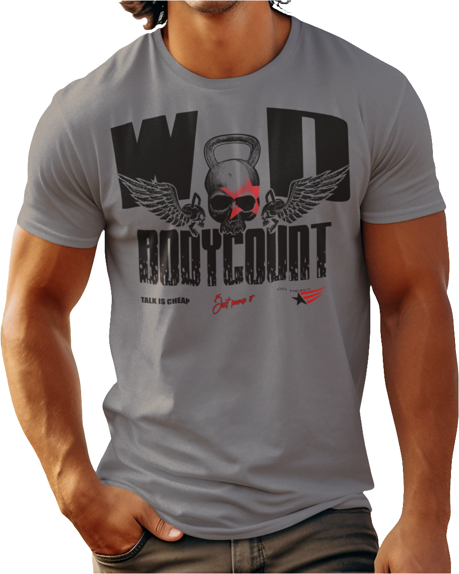 A man wearing grey Gymstar t-shirt, perfect for intense workouts. Made in dark grey with a massive chest print that combines elements like a skull in a kettlebell, spread wings, and a red star. The design is completed with motivational texts "WOD Bodycount", making it an ideal choice for any athlete. 