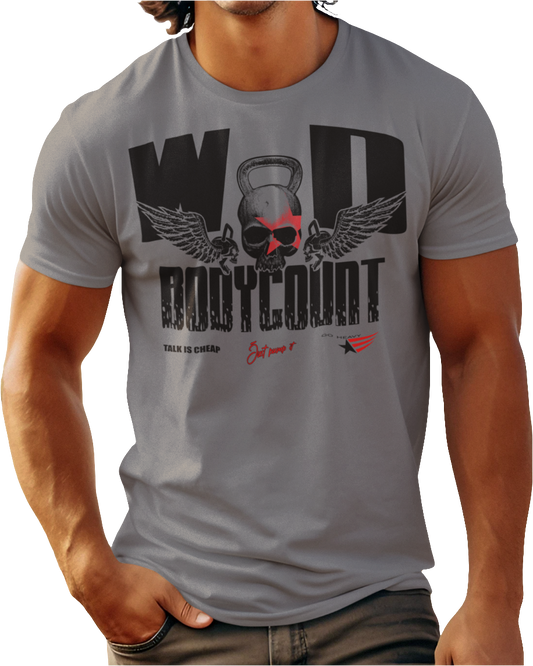 A man wearing grey Gymstar t-shirt, perfect for intense workouts. Made in dark grey with a massive chest print that combines elements like a skull in a kettlebell, spread wings, and a red star. The design is completed with motivational texts "WOD Bodycount", making it an ideal choice for any athlete. 