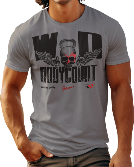 A man wearing grey Gymstar t-shirt, perfect for intense workouts. Made in dark grey with a massive chest print that combines elements like a skull in a kettlebell, spread wings, and a red star. The design is completed with motivational texts "WOD Bodycount", making it an ideal choice for any athlete. 