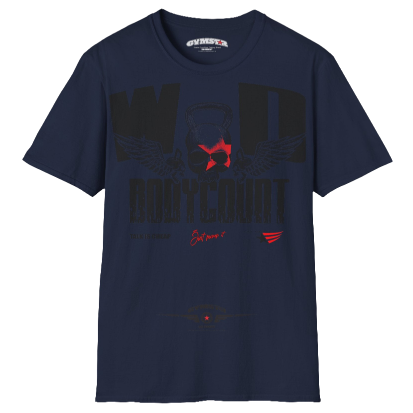 Unisex navy blue Gymstar t-shirt, perfect for intense workouts. Made in dark grey with a massive chest print that combines elements like a skull in a kettlebell, spread wings, and a red star. The design is completed with motivational texts "WOD Bodycount", making it an ideal choice for any athlete.